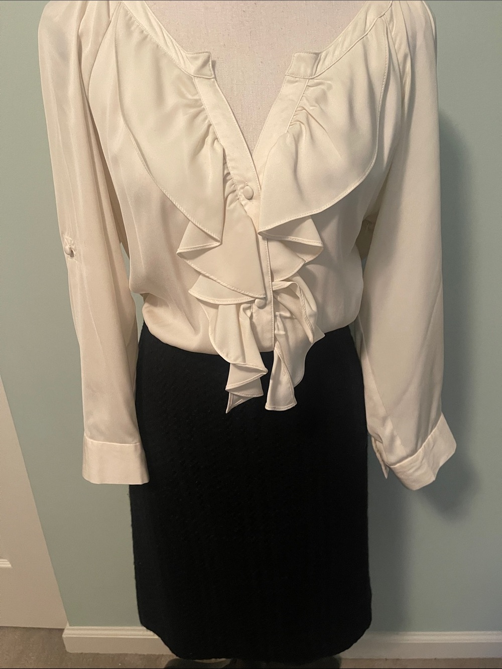 LOFT Mixed Media Dress with Cream Ruffle Top & Black Bottom